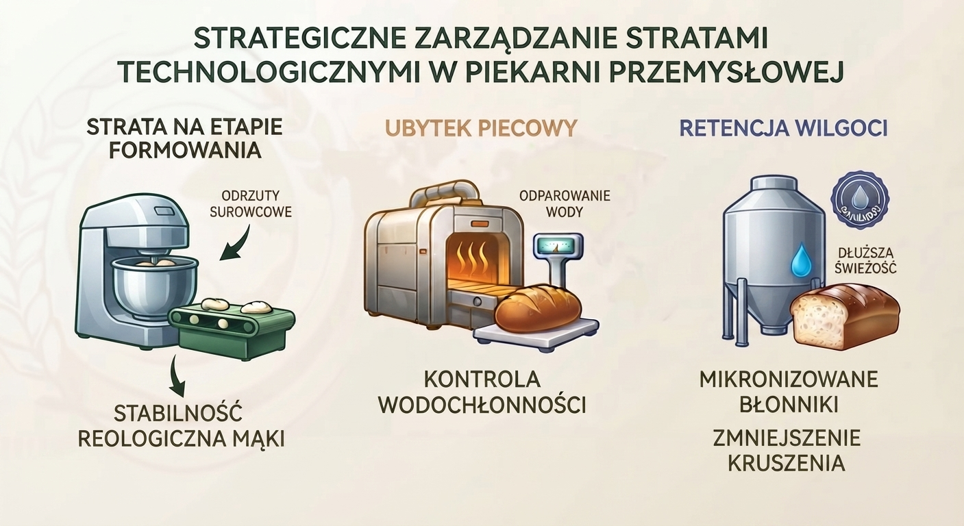 Optymalizacja procesów w piekarnictwie przemysłowym wymaga stałego monitorowania strat technologicznych. Każdy procent ubytku masy na etapie garowania, wypieku oraz stygnięcia bezpośrednio pomniejsza marżę operacyjną zakładu. Na wielkość strat wpływa szereg zmiennych, w tym stabilność reologiczna mąki oraz zdolność wiązania wolnej wody w strukturze kęsa ciasta. Table of Contents Główne źródła strat w cyklu produkcyjnym Analizując koszty wytwarzania, audyty produkcyjne wskazują najczęściej na trzy krytyczne momenty generujące straty: Etap formowania i garowania: Podatność ciasta na odkształcenia lub przyczepność do taśm transportowych powoduje odrzuty surowcowe. Ubytek piecowy (UP): Odparowanie wody podczas wypieku w piecu tunelowym lub obrotowym, które obniża masę gotowego bochenka. Retrogradacja skrobi: Procesy starzenia się miękiszu prowadzące do szybkiego wysychania wyrobu w kanale dystrybucyjnym. Wpływ błonnika na retencję wilgoci i stabilność Wprowadzenie do receptury mikronizowanych błonników roślinnych (takich jak owsiany czy jabłkowy) pozwala na zamknięcie większych ilości wody wewnątrz struktury glutenowo-skrobiowej. Dzięki temu: Zmniejsza się intensywność odparowania wody podczas wypieku, co optymalizuje ostateczną masę wyrobu. Poprawia się elastyczność miękiszu, co ogranicza ryzyko uszkodzeń mechanicznych podczas krajania i pakowania. Zachowane zostają stałe stany magazynowe komponentów funkcjonalnych, gwarantując powtarzalność każdej partii produkcyjnej bez przestojów. Podsumowanie Redukcja strat technologicznych nie wymaga rewolucji w parku maszynowym, lecz precyzyjnegodoboru surowców funkcjonalnych. Zapewnienie stabilności wodochłonności i powtarzalności dostaw to najkrótsza droga do zabezpieczenia rentowności całego zakładu. Czas na decyzję biznesową Nie pozwólmy, aby marża ulatniała się wraz z parą wodną z pieców obrotowych. Efektywnością surowcową można i należy zarządzać za pomocą twardych praw fizyki i chemii żywności. Przekujmy parametry technologiczne na realny wynik finansowy. Zapraszamy do kontaktu.